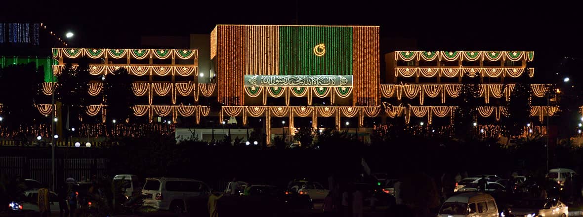 Parliament House of Pakistan illuminated on eve of Pakistan's Independence Day 2018. Photo: TahirSultanBhutta